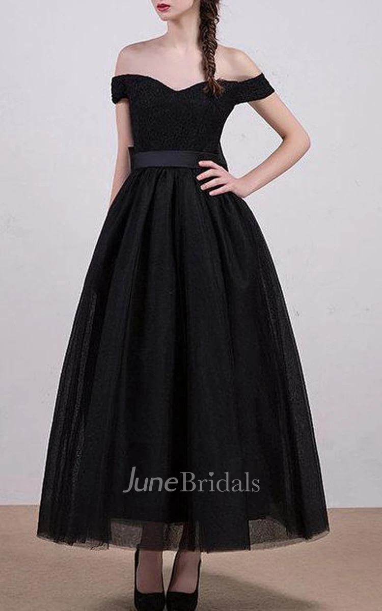A-line Ball Gown Tea-length Off-the-shoulder Tulle&Satin Dress
