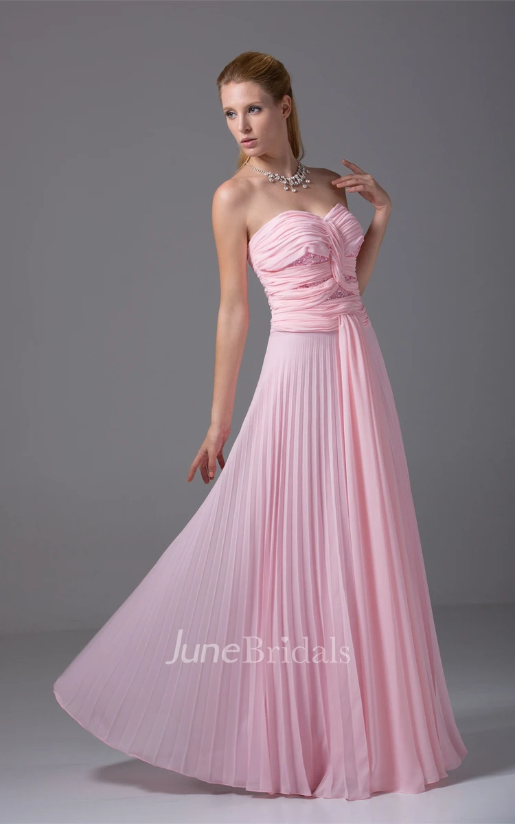 Chiffon Sweetheart Pleated Long Dress with Ruching and Beading