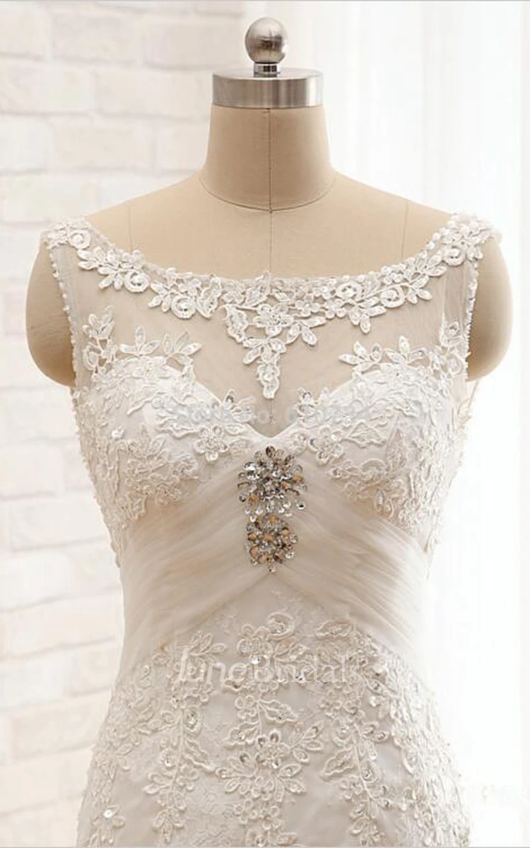 Long Sheath Lace Wedding Dress With Beading And Ruching