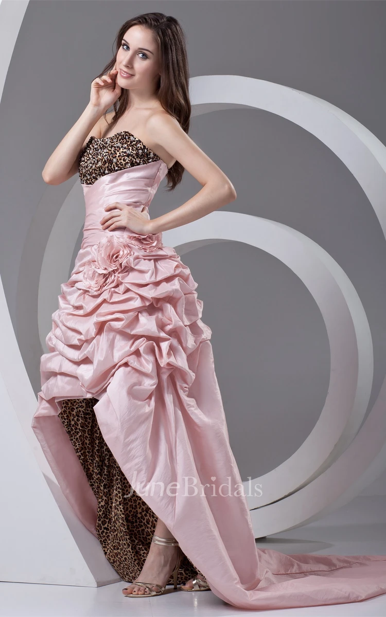 strapless high-low leopard gown with pick-up design and flower