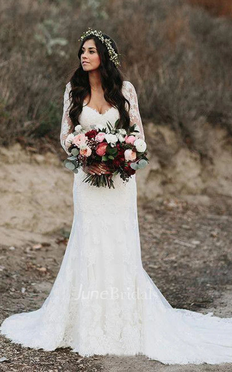 Country Style Sexy Deep V Neck Backless Long Sleeves Lace Court Train  Wedding Gown - June Bridals