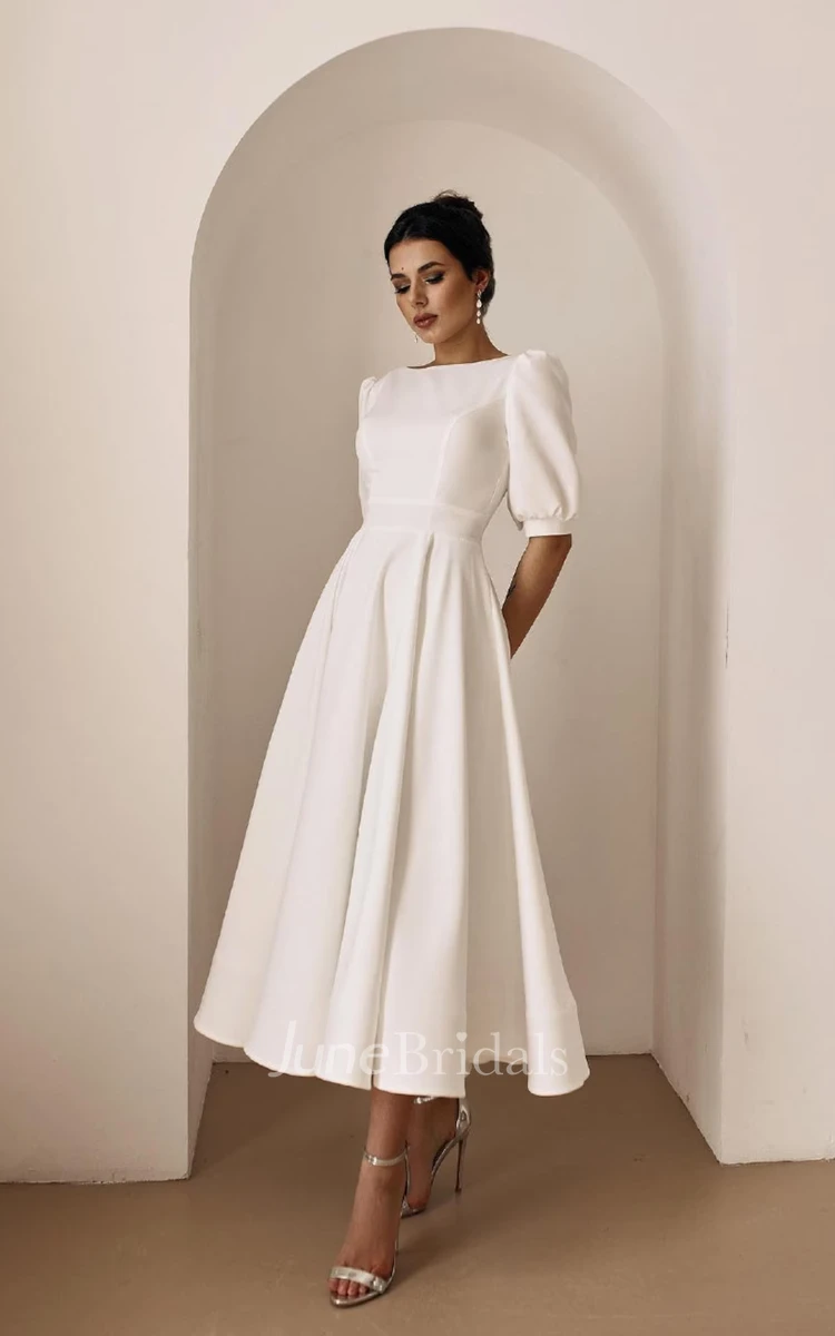 Modern Minimalist Tea Length Wedding Dress Civil A-Line Puff Sleeves Second Dress