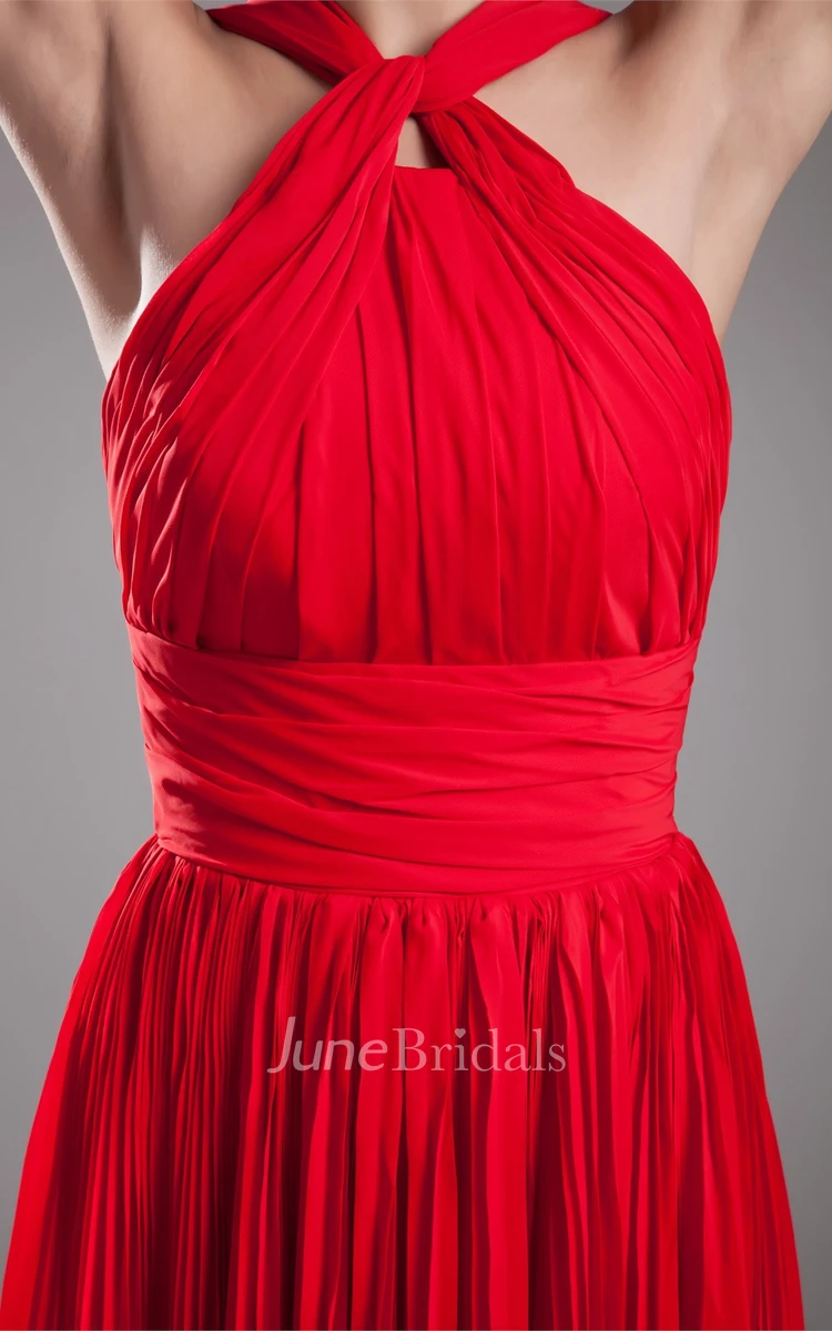 sleeveless a-line maxi ruched dress with zipper back and pleats