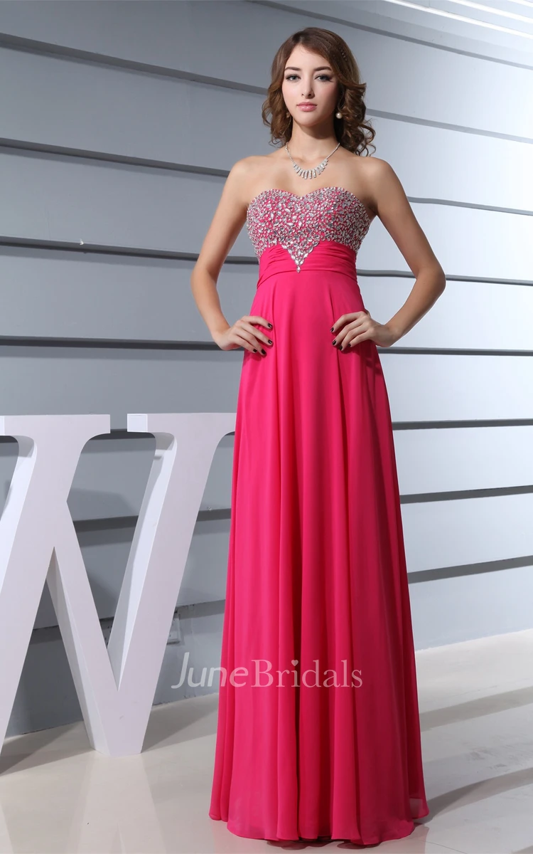 Strapless Pleated Chiffon Long Dress with Jeweled Top