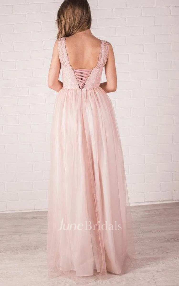 A-Line Jewel Sleeveless Tulle Dress With Lace Top