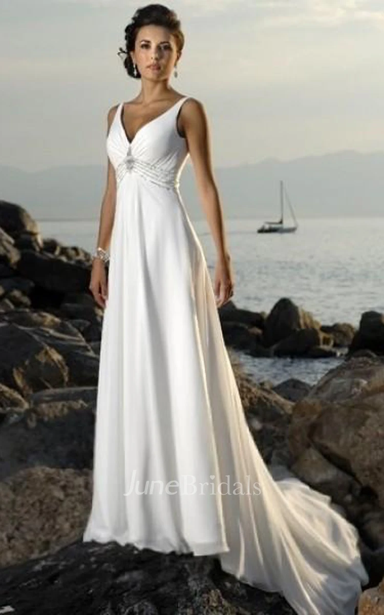 Ivory V Neck Chiffon Vintage Boho Wedding Dress Cheap - Bridelily