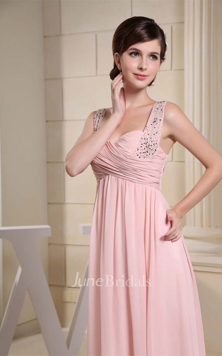Strapped Chiffon Empire Dress with Pleats and Crystal Detailing