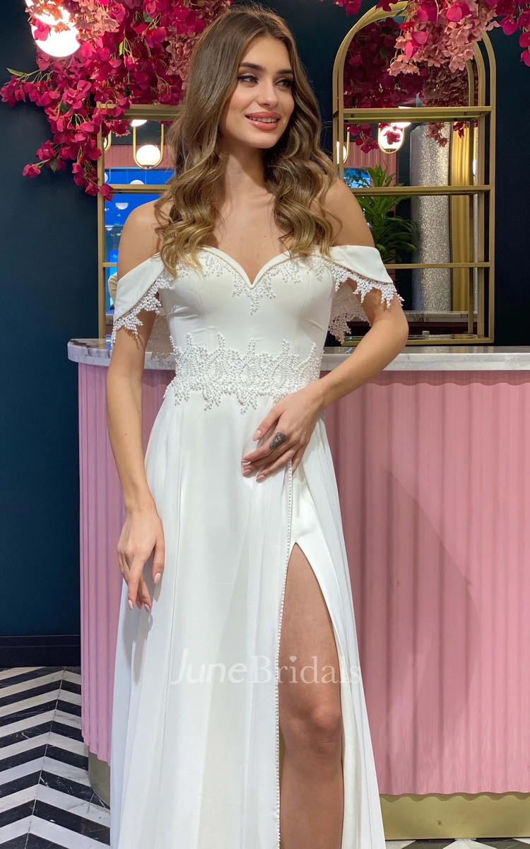 Luxury Sheath Chiffon Off-the-shoulder Sleeveless Wedding Dress With Split Front