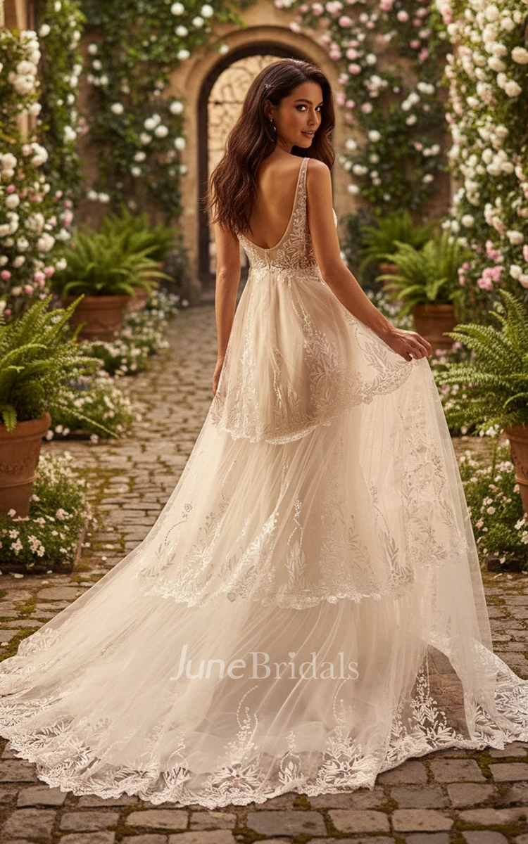 Bohemian Beach A-Line Lace Wedding Dress Ethereal Sleeveless Deep V-Neck Bridal Train Gown