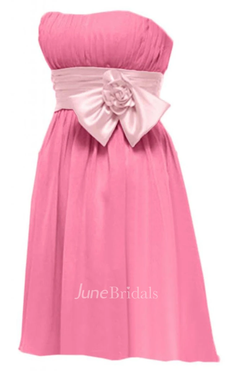 Strapless Short Dress With Ruched Band and Bow