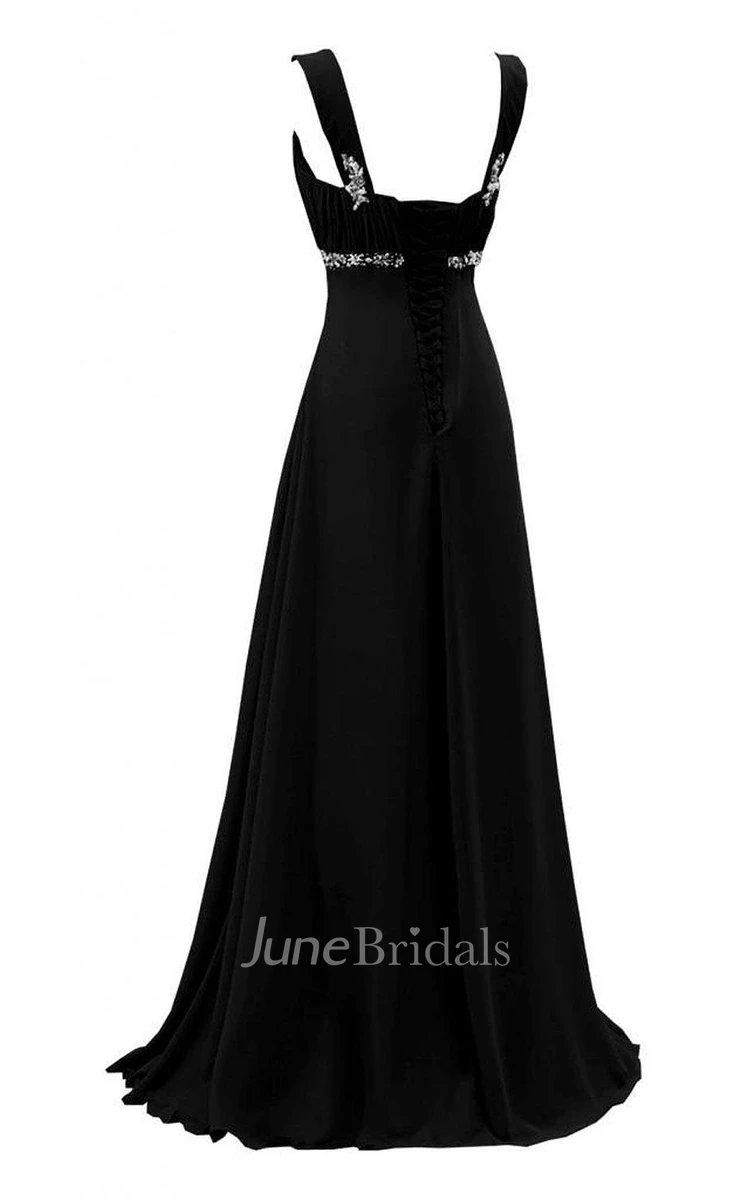 Straps A-line Long Dress With Beadings and Pleats