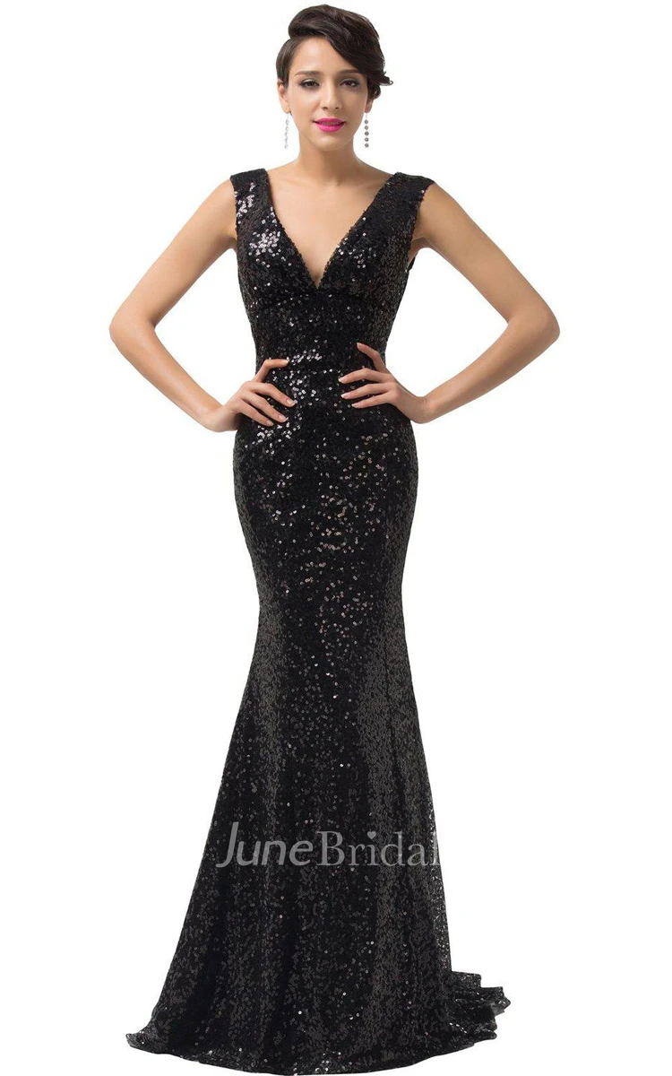 Sleeveless V-neck Mermaid Gown With Allover Sequins