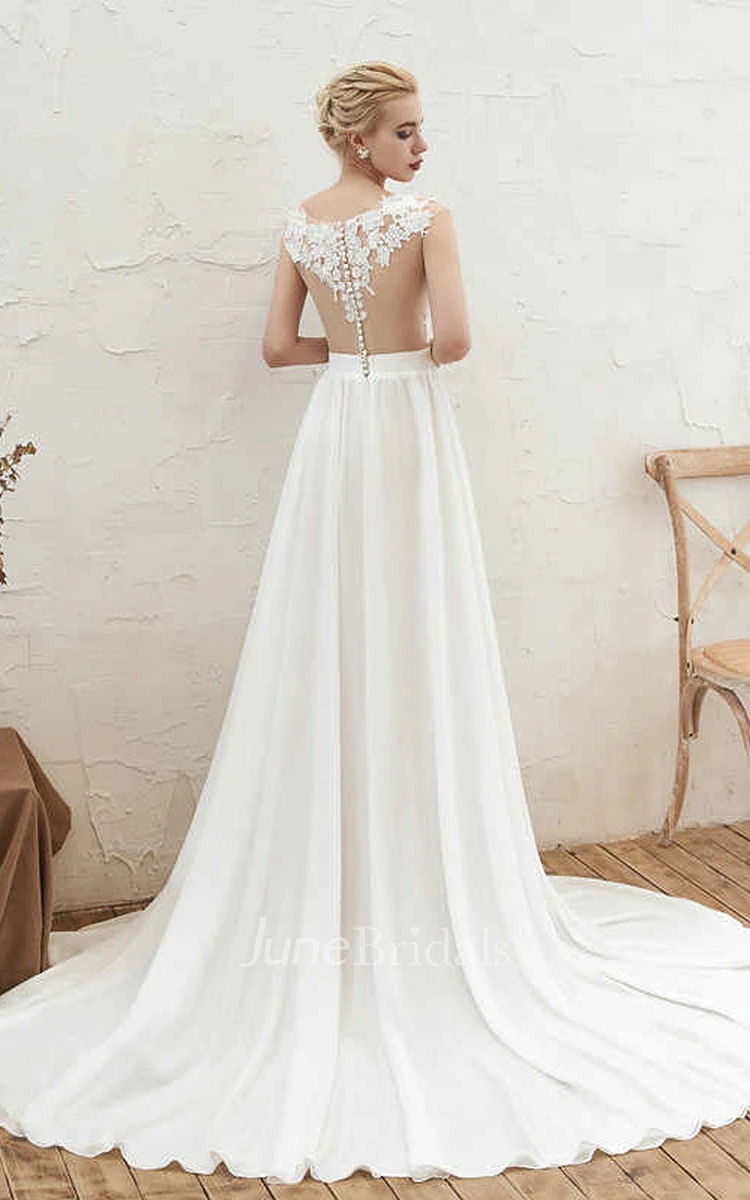 Cap Sleeve Elegant A-line Split Front Illusion Lace Appliqued Chiffon Bridal Gown