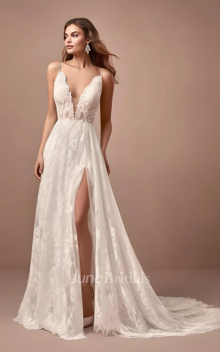 A-Line Sleeveless Tulle Lace Wedding Dress with Split Front Plunging Neckline V-neck Court Train 2024 Sexy Beach Elegant