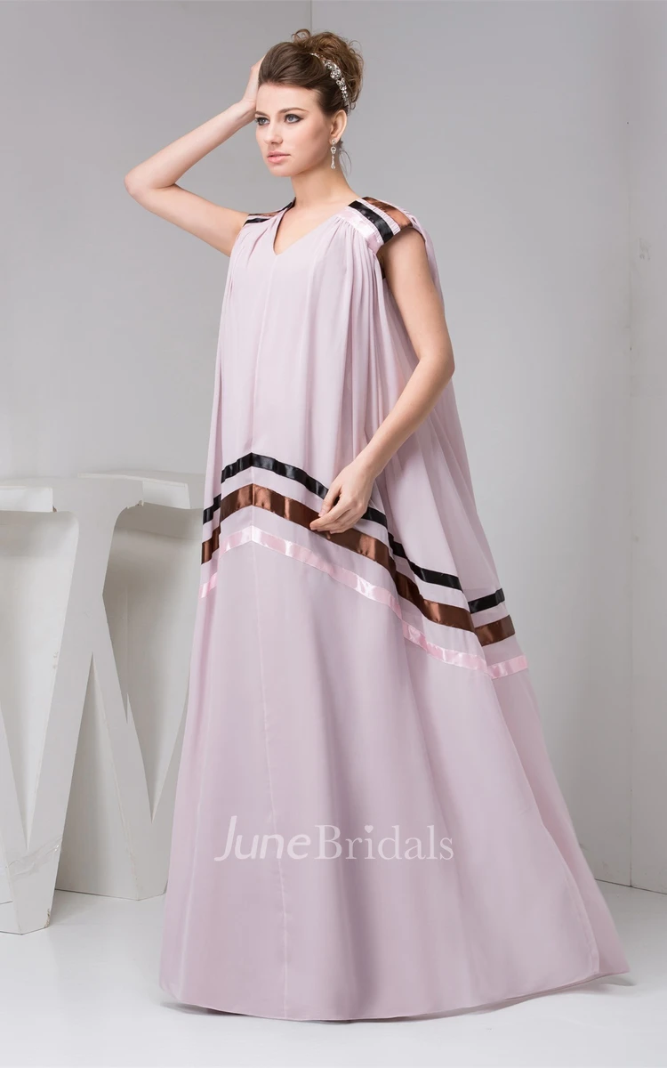 Caped-Sleeve Plunged Floor-Length Dress with Pleats
