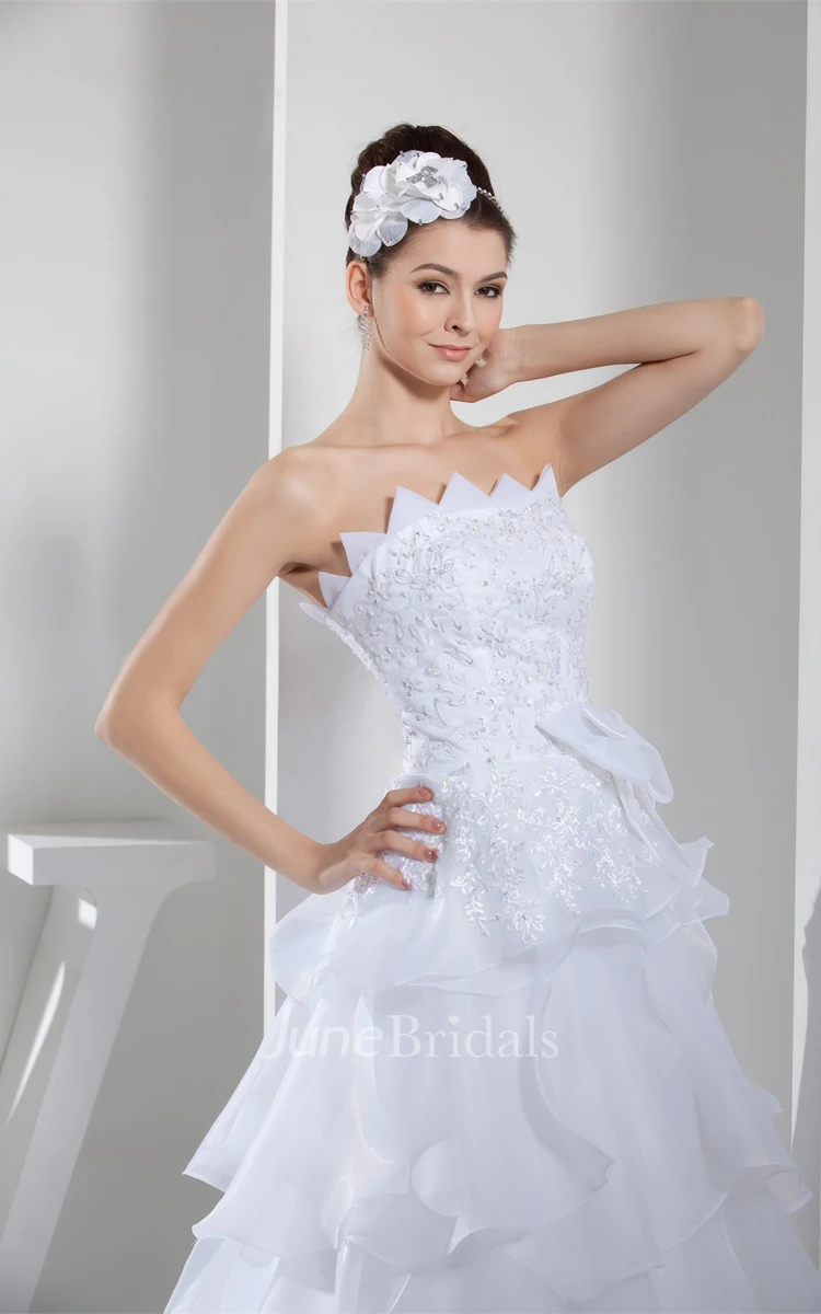 Strapless A-Line Tiered Dress with Appliques and Bow