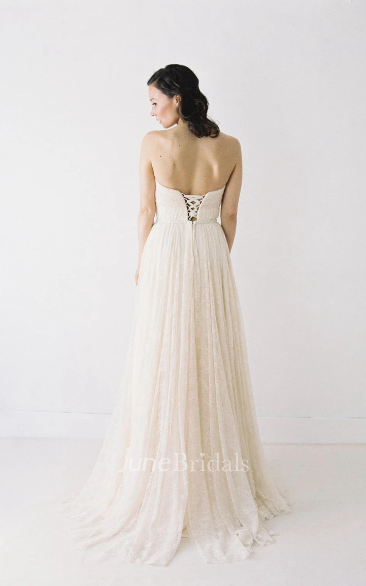 Long Sweetheart A-Line Lace Wedding Dress With Ruching and Pleats