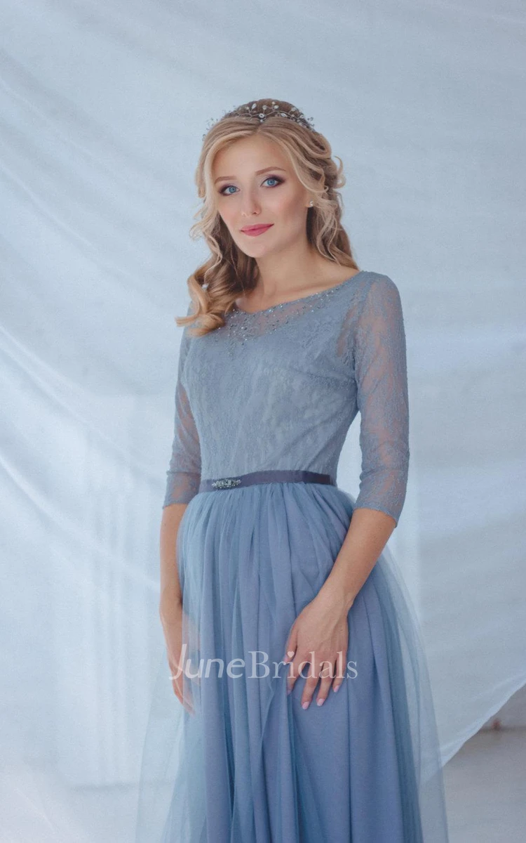 Half Sleeve Tulle Floor-Length Dress With Beading And Pleats