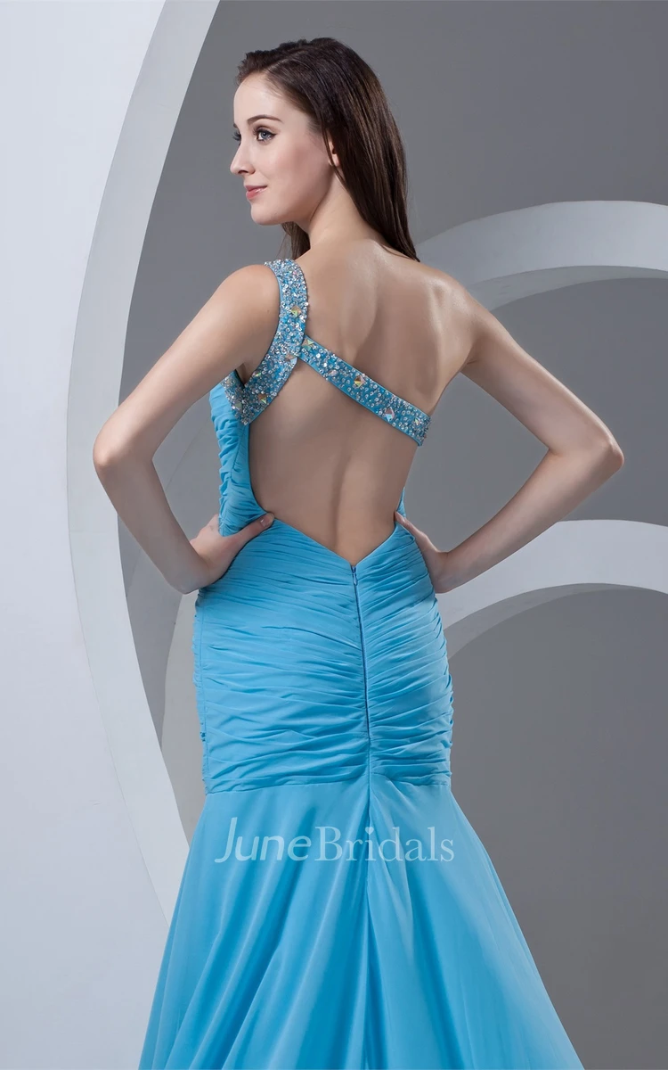 One-Shoulder Column Beaded Dress with Ruched Bodice