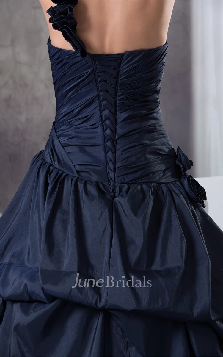 Sleeveless Pick-Up Ruffled Ball Gown with Ruching and Floral Strap