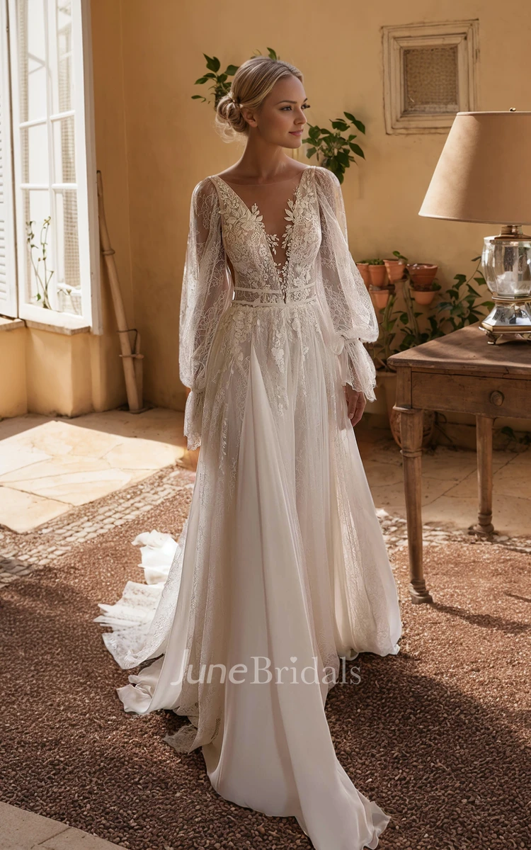 Ethereal Modern Boho A-Line Appliques Long Sleeve Wedding Dress Sexy Romantic Plunging Neckline Deep-V Back Chiffon Lace Bridal Gown