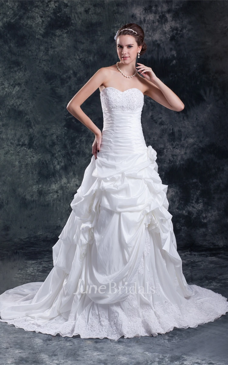 sweetheart a-line pick-up gown with ruched waist and appliques