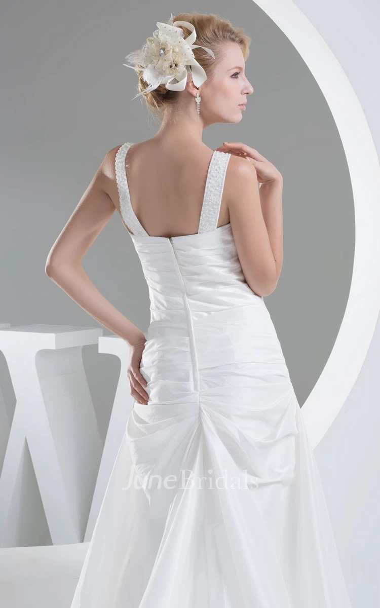 Sleeveless Notched Ruched A-Line Dress With Pick Up and Beaded Straps