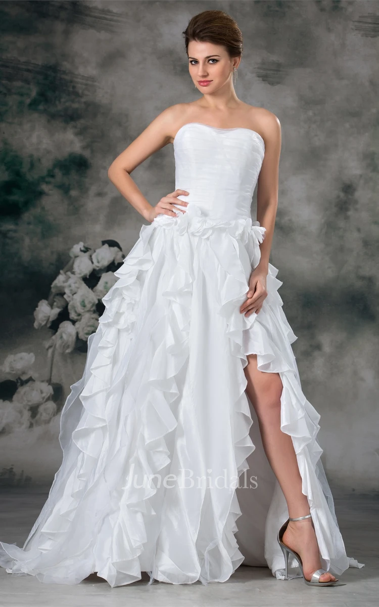 Strapless Ruffled Front-Split A-Line Dress with Ruched Bodice