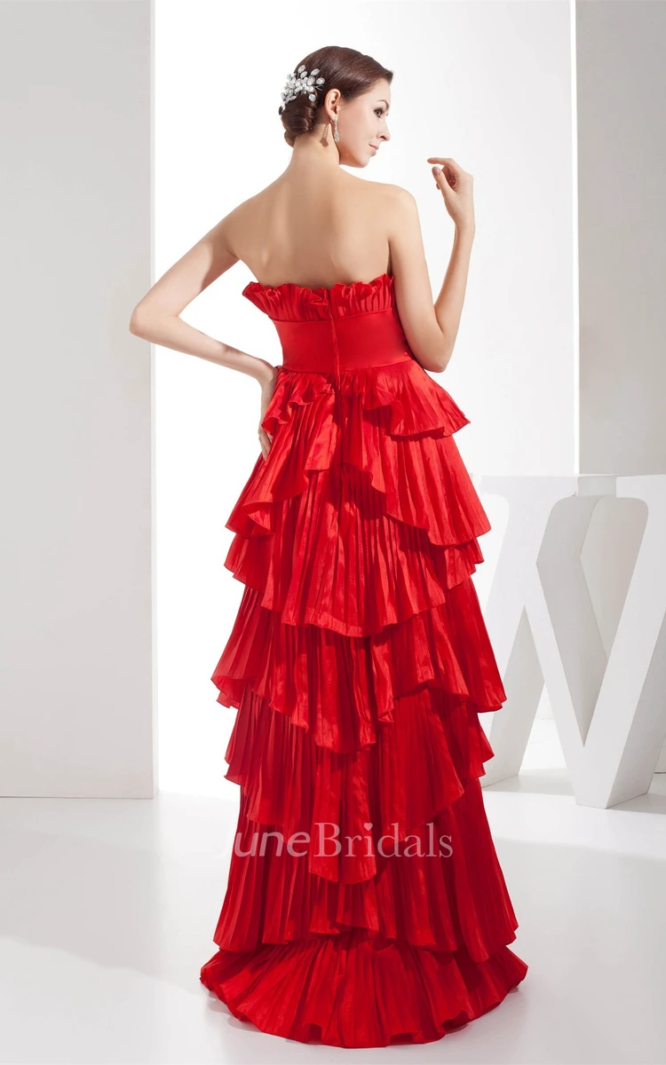 Flamboyant Strapless Tiered Dress with Pleats and Flower