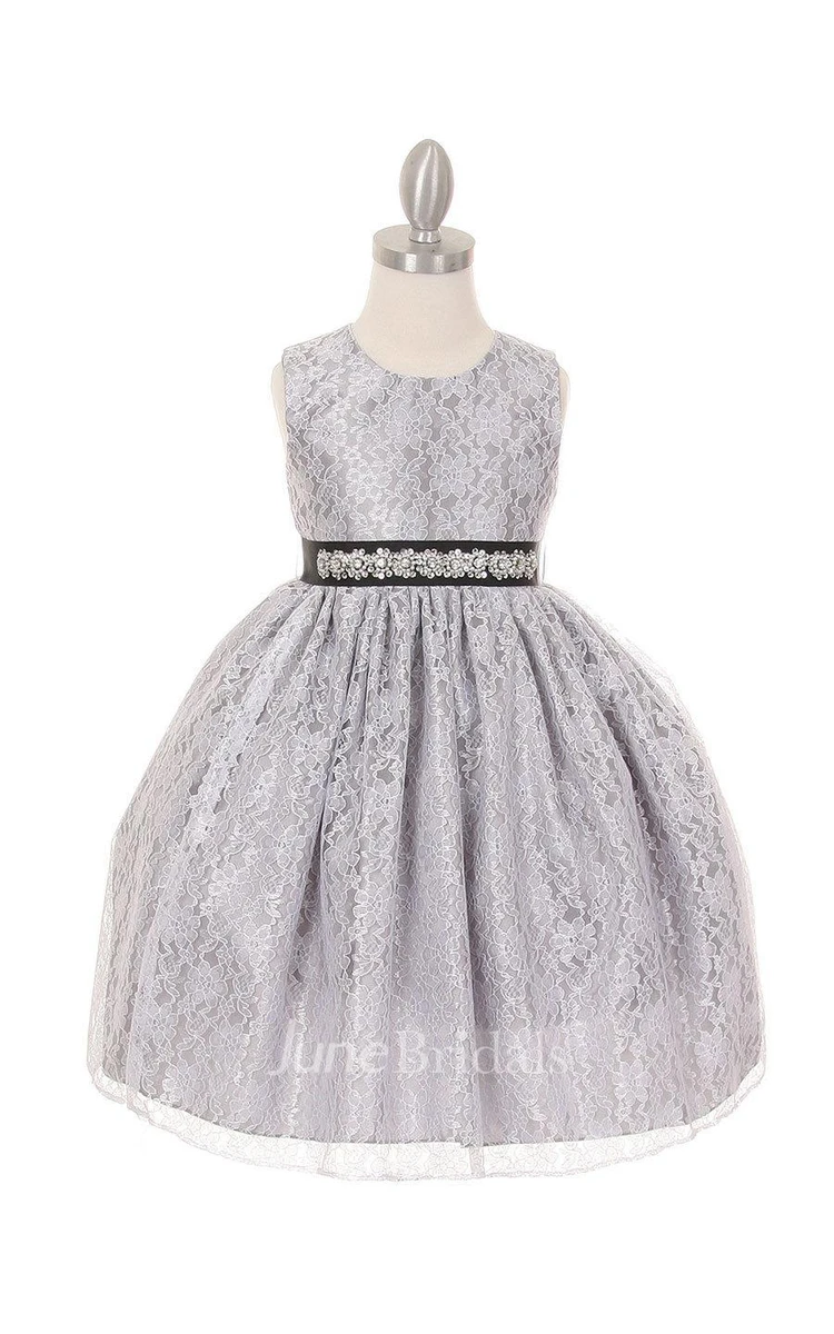 Solid Lace Sleeveless Scoop Neck Pleated Flower Girl Dress With Removable Rhinestone Belt