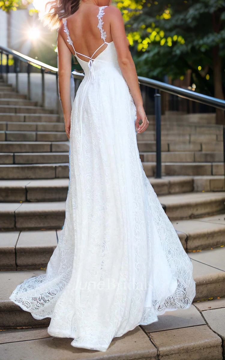 Bohemian Sexy Spaghetti Lace A-Line Floor-length Sleeveless Bride Wedding Dress
