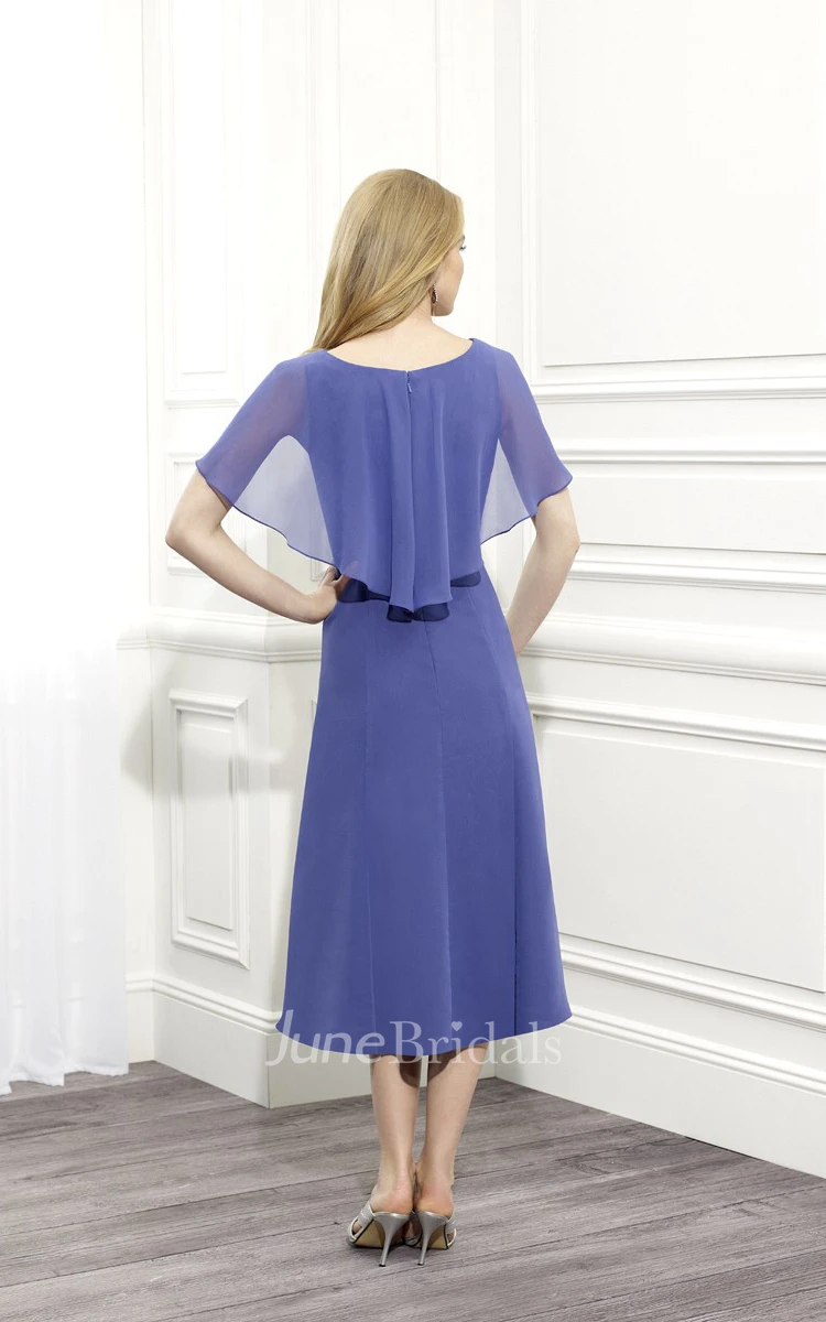 Scoop-neck Tea-length Bat-sleeve Dress With Side Draping