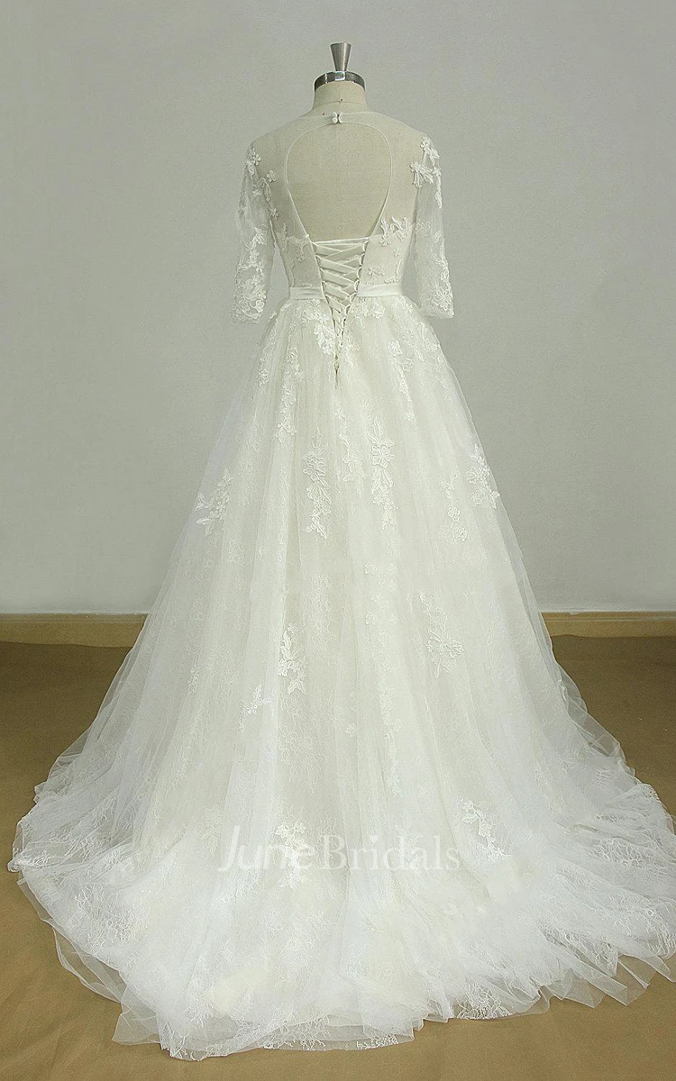 A-Line Tulle Lace Satin Dress With Beading Tiers Keyhole Back