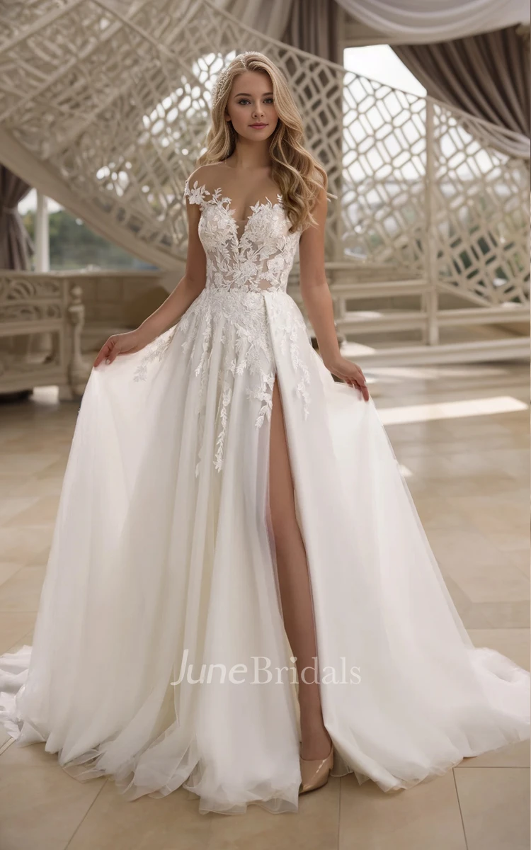 Sexy Elegant Floor-length A-Line Off-the-shoulder Split Front Lace Tulle Wedding Dress Ethereal Romantic Appliques V-neck Sleeveless Backless Zipper Back Bridal Gown with Train