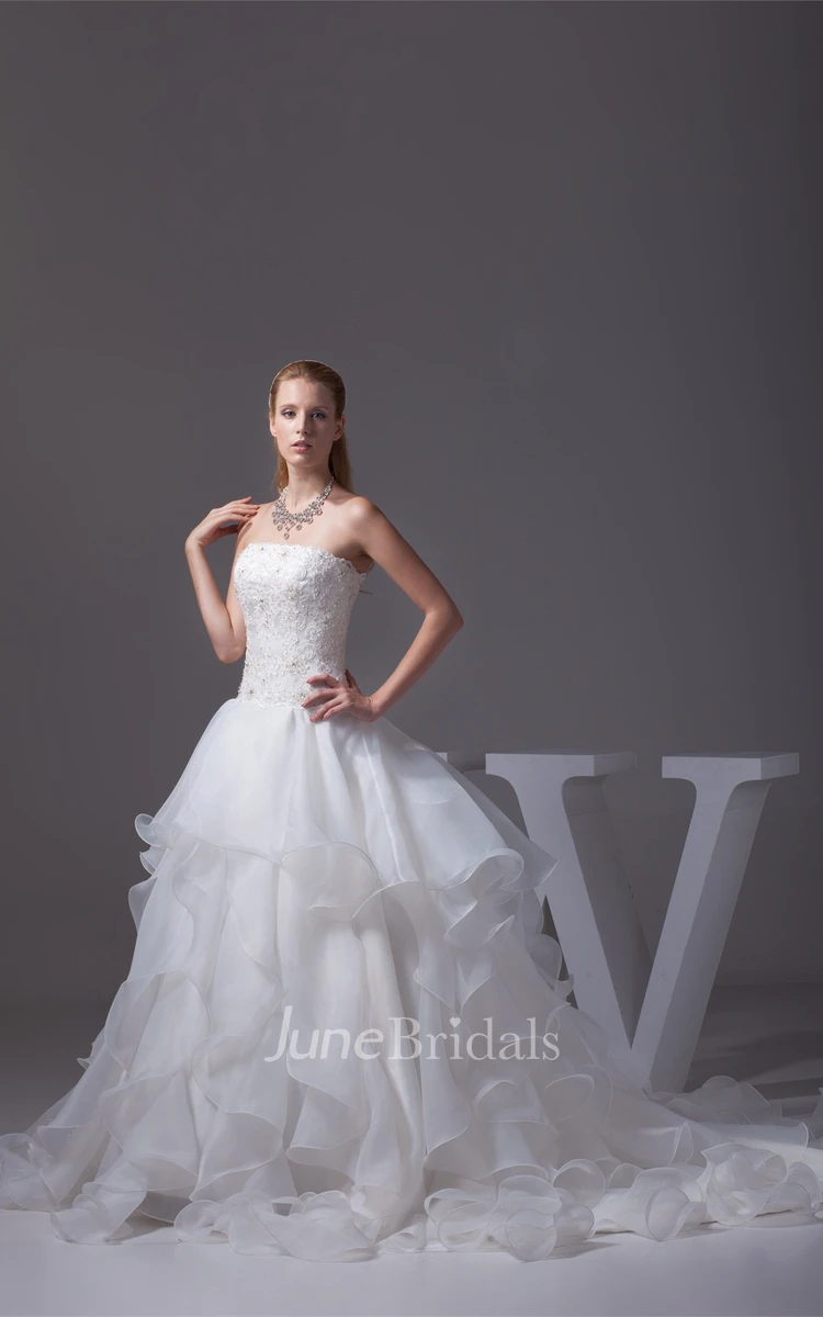 Strapless Ruffled Ball Gown with Appliques and Rhinestone