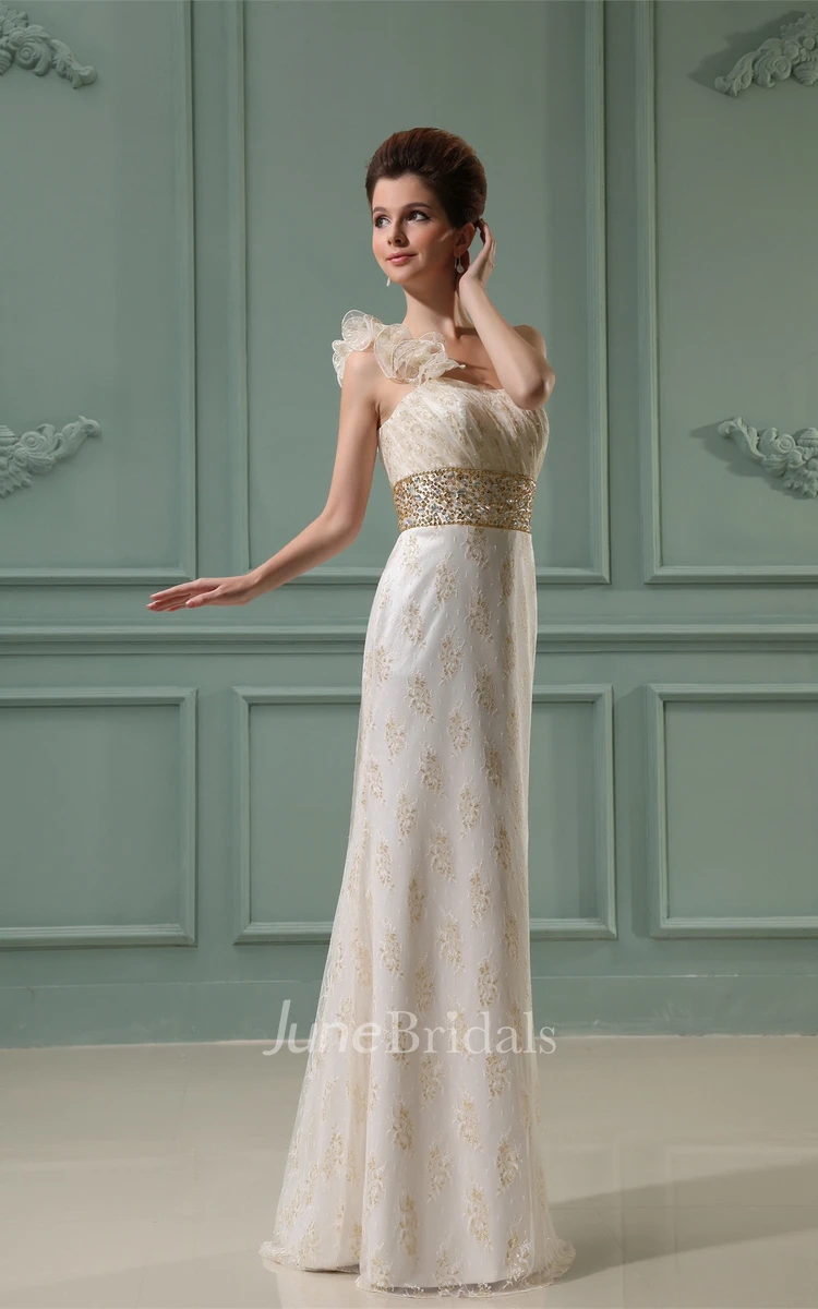 One-Strap Strapless Ruched Sheath Dress with Appliques and Jeweled Waist