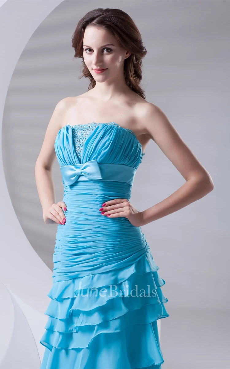 Chiffon Tiered Maxi Dress with Bow and Rhinestone