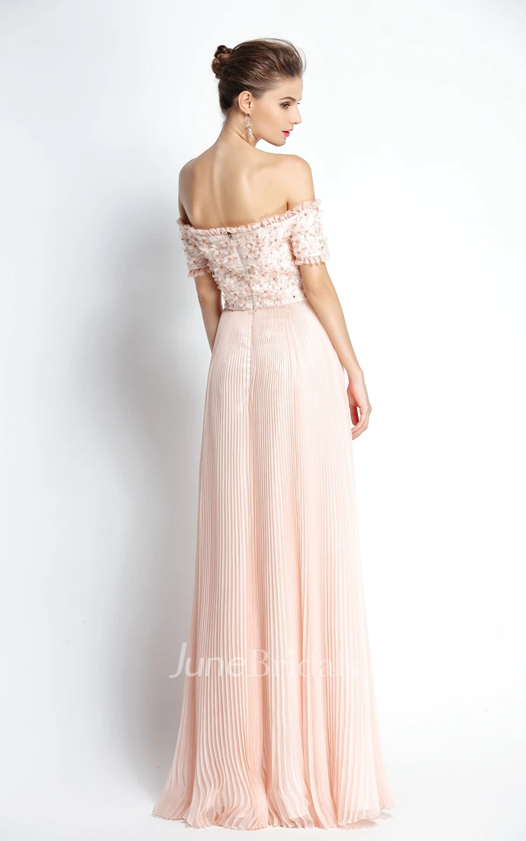 A-Line Off-the-shoulder T-shirt Short Sleeve Floor-length Chiffon Prom Dress with Beading