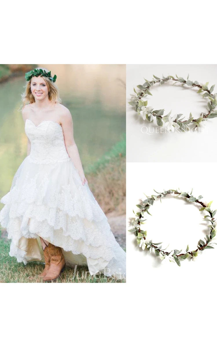 Country Wedding With Lace High Low Hem The Guinevere Dress and White Green Flocking Flowers Simulation Wreath