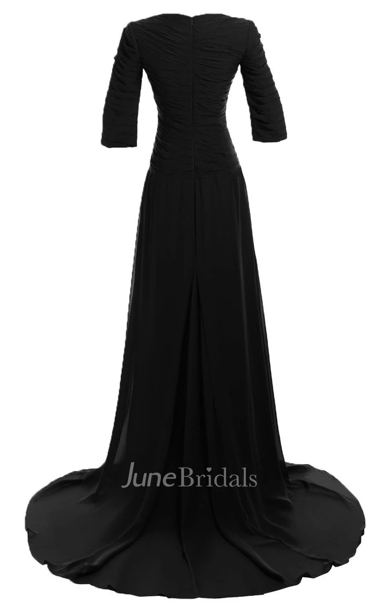 Modest Chiffon Long Sleeve Gown With Ruched Bodice