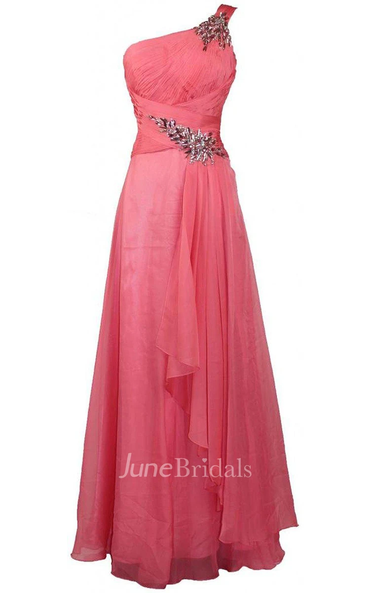 One-shoulder Long Dress With Beadings and Ruffles