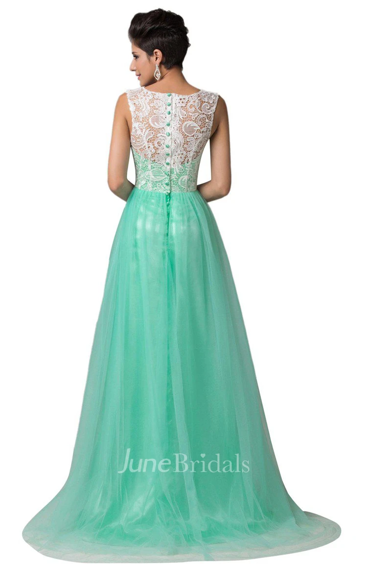 Sleeveless A-line Long Dress With Lace Bodice