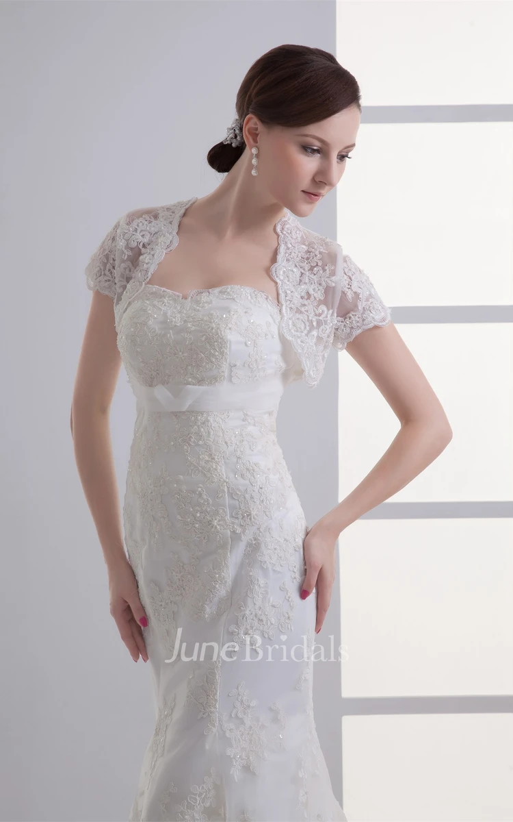 strapless lace mermaid gown with bolero and court train