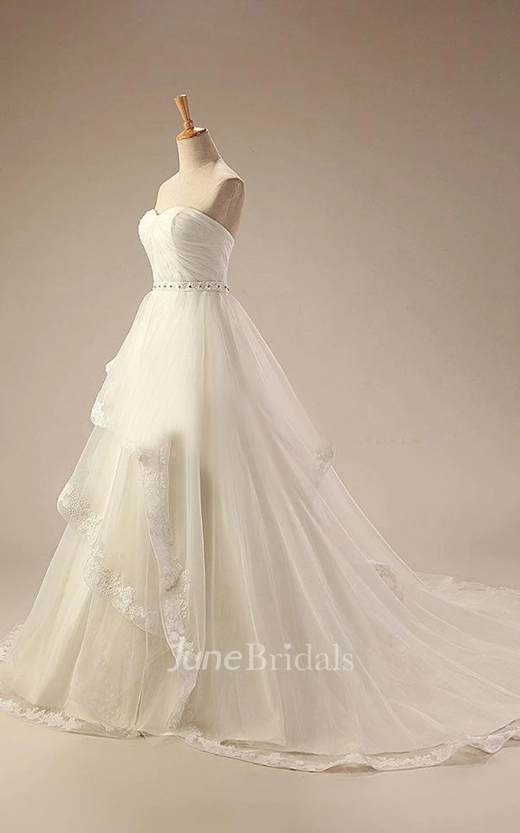 Sweetheart Empire Backless Long Tulle Wedding Dress With Sash And Ruching