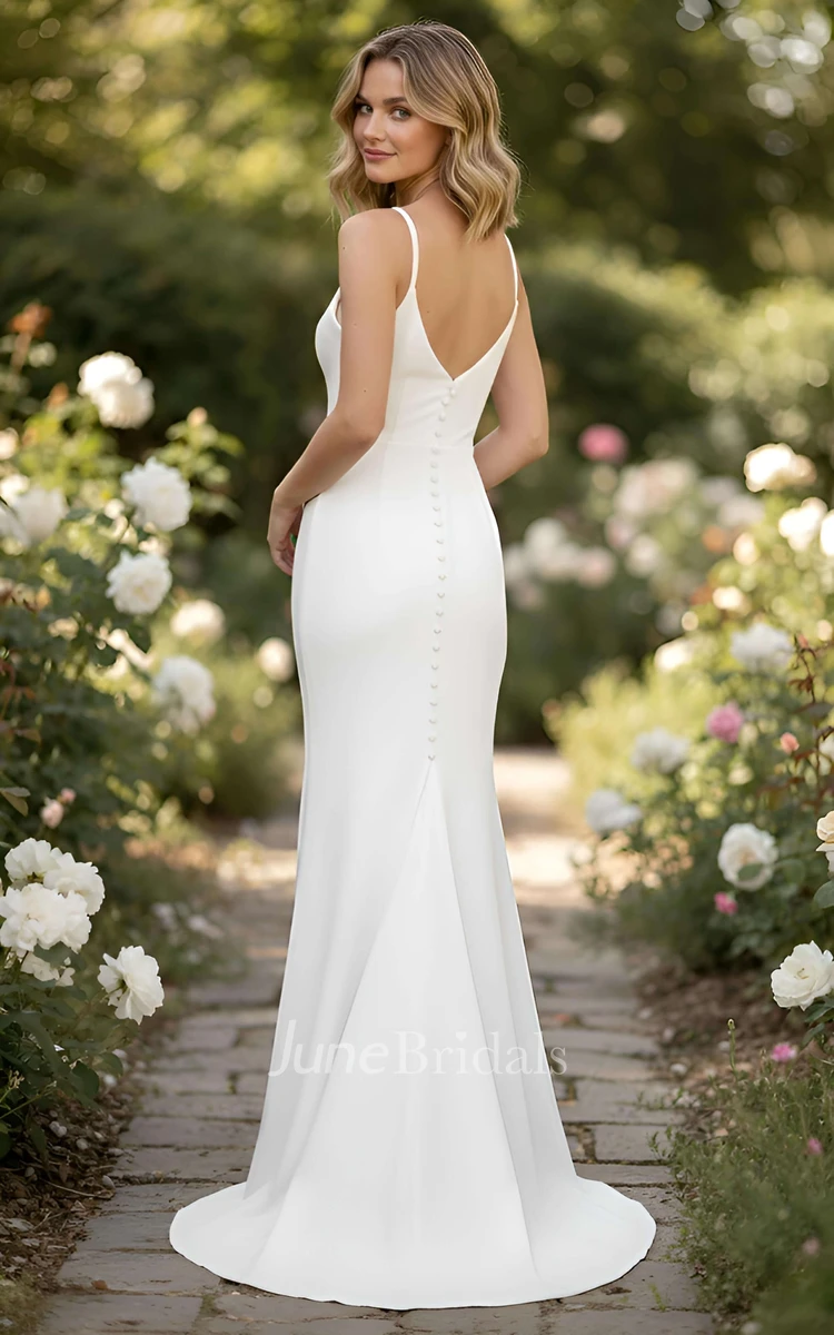 Modern Mermaid Spaghetti V-Neck Wedding Dress Simple Satin Garden Sweep Train Bridal Gown