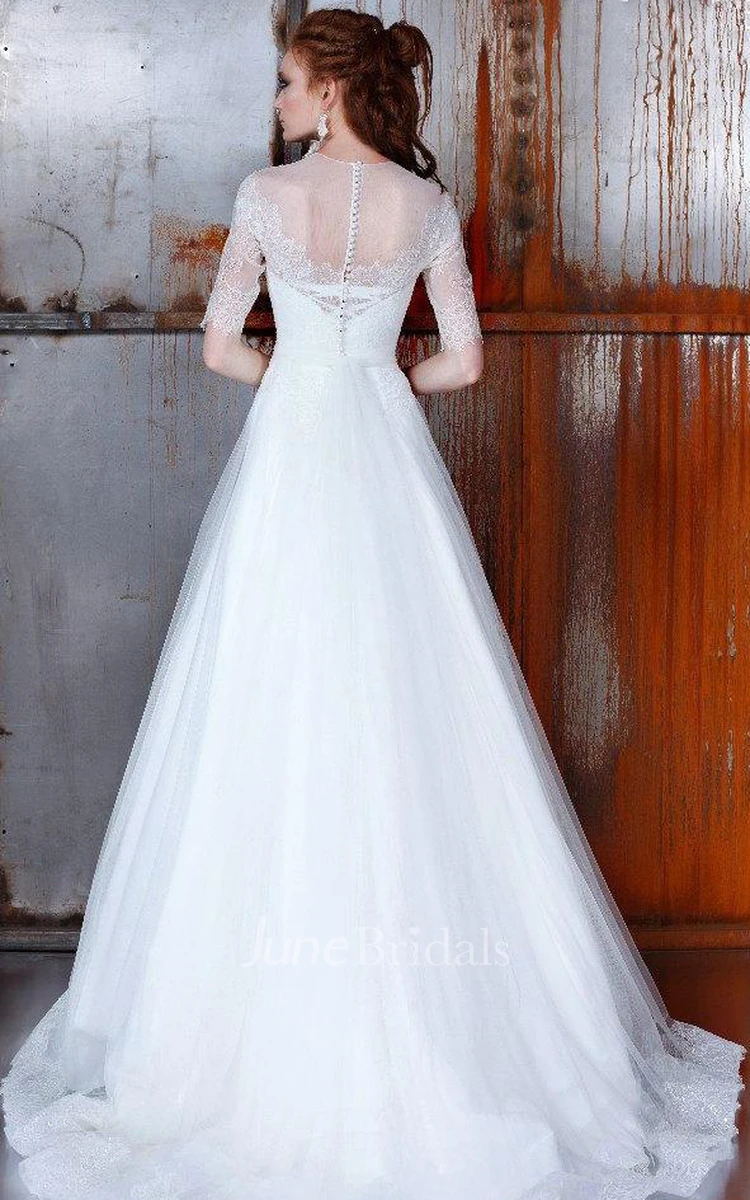 Ball Gown A-Line Half Sleeve Lace Dress With Illusion Back