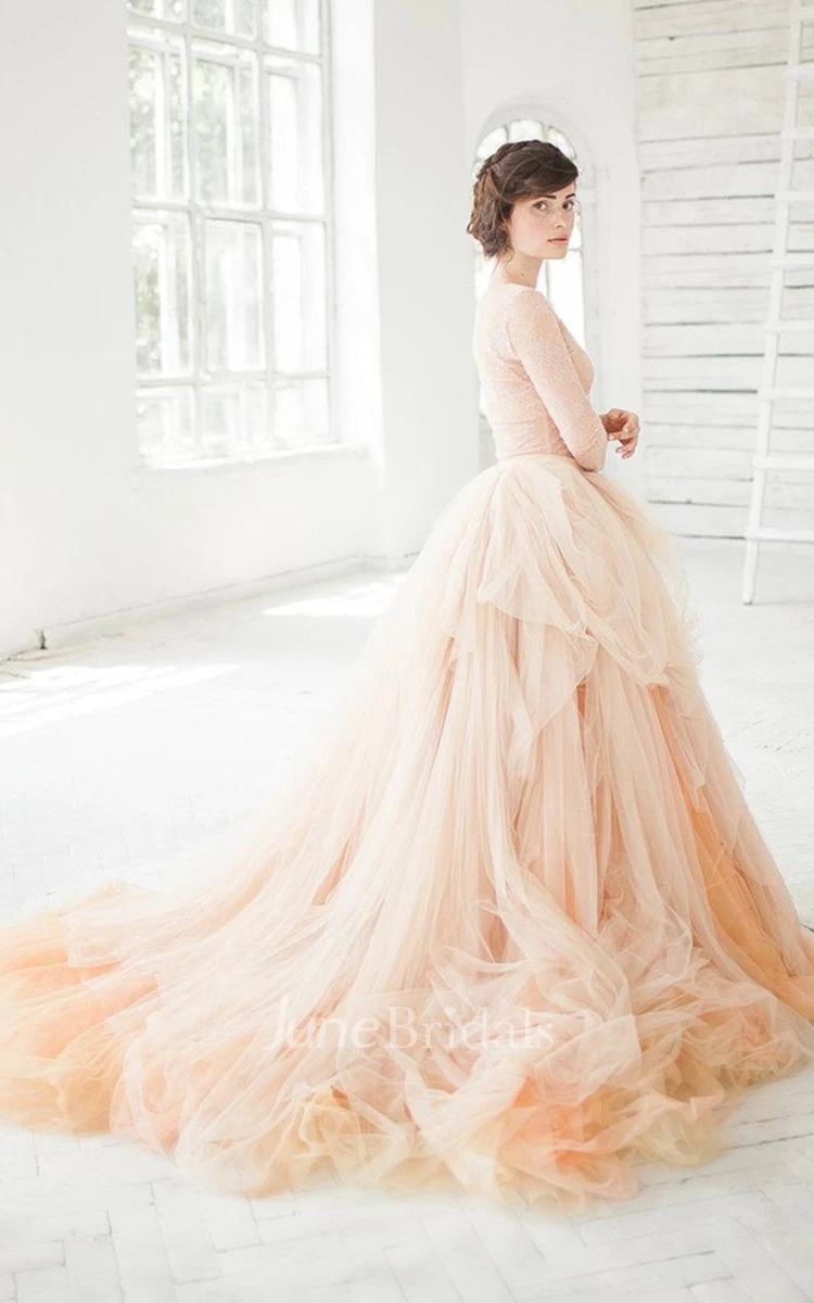 V-Neck Long Sleeve Lace Tulle Pick Up Dress With Court Train
