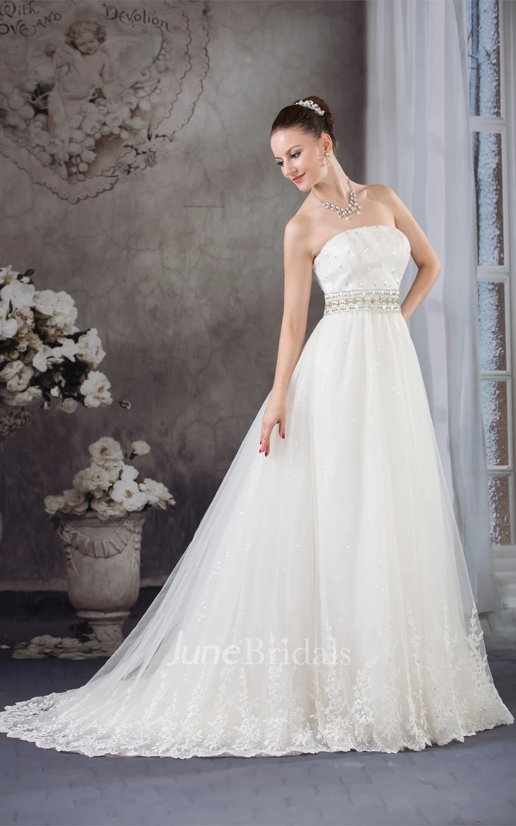 Strapless Tulle Jeweled Gown with Appliques and Corset Back