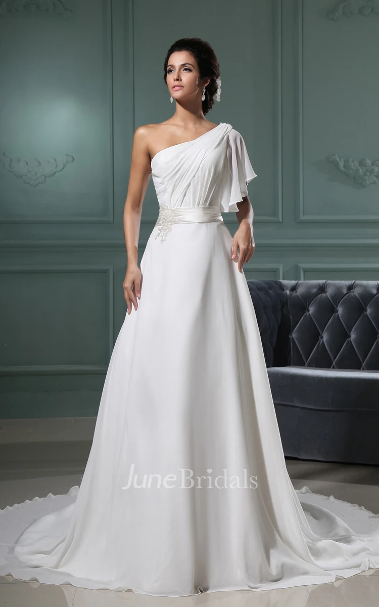 Ethereal A-Line Chiffon Gown With Sating Sash And Ruching