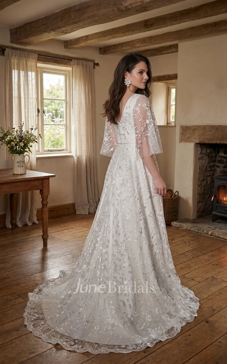 Floral Lace A-Line Wedding Dress with Flutter Sleeves Plus Size V-neck Gown for Big Bust Brides